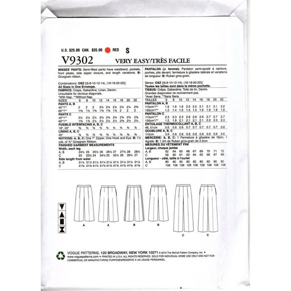 Very Easy Vogue V9302 Misses 6 to 22 Pleated Pants Uncut Sewing Pattern All Size - Picture 2 of 2